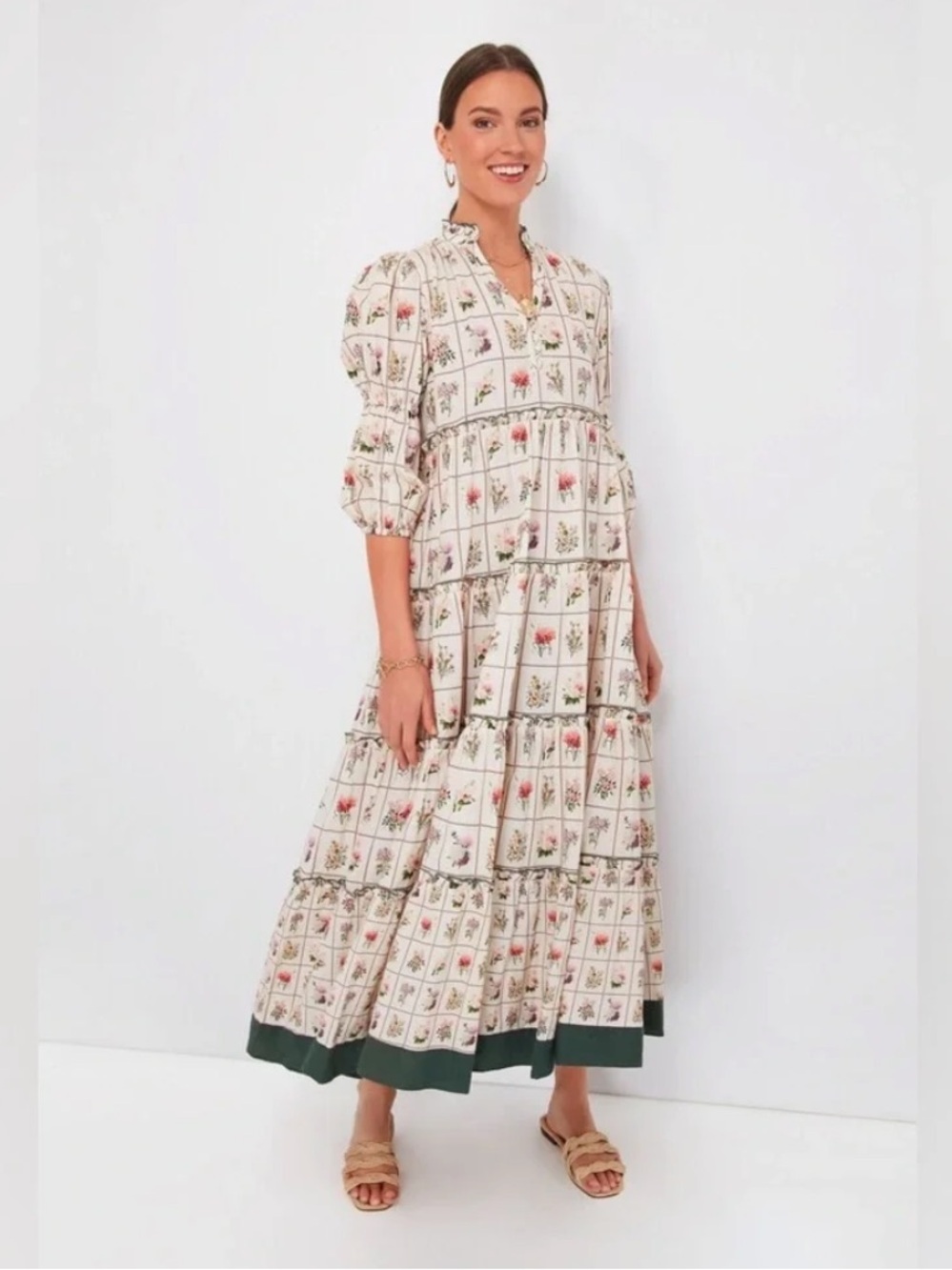 Cream Floral Tiered Maxi Dress with Green Hem